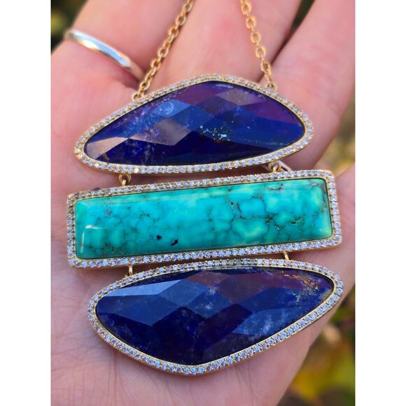 Gorgeous Statement Necklace by Marcia Moran 18K GP, Turquoise Blue Lapis & CZ - Picture 2 of 9